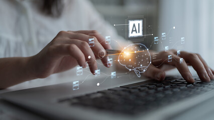 AI neural network and data processing system visualizing artificial intelligence with brain...