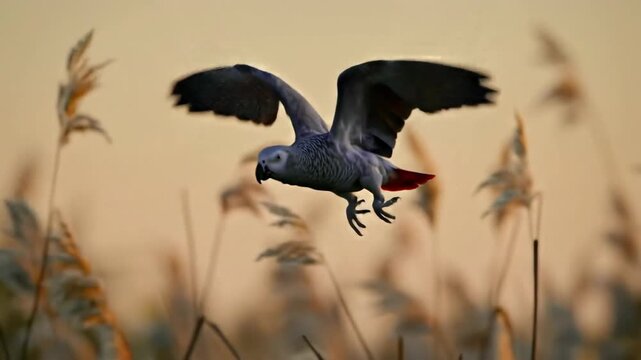 African grey parrot in flight over tall grass at sunrise. Bird flying in natural habitat, wildlife photography, gray, red wings.