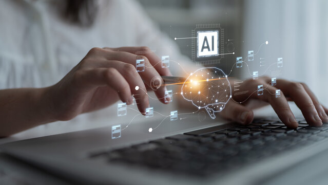 AI neural network and data processing system visualizing artificial intelligence with brain structure, chip, and connected data blocks for computation and learning Latch