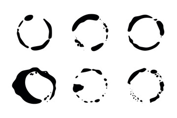 Set of Vector  Coffee Cup Ring Stain. Collection of grunge coffee cup ring stains in black on white background, ideal for design elements or texture overlays