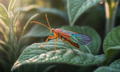 A vibrant orange and blue insect rests on a textured green leaf, sunlight highlighting details
