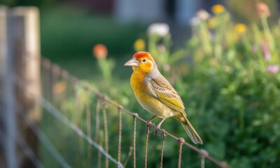 A vibrantly colored bird perches on a wire fence, blurred flowers and greenery in the background