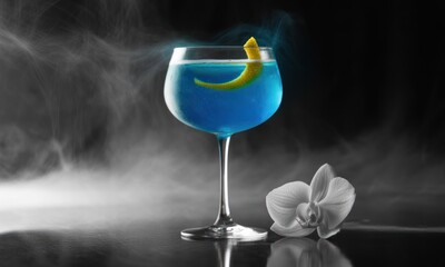 A vivid blue cocktail in a stemmed glass with lemon twist, orchid, and smoky background