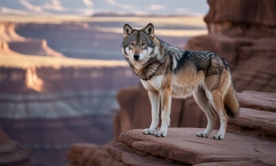 A wolf stands poised on a red rock, overlooking a majestic canyon at sunset