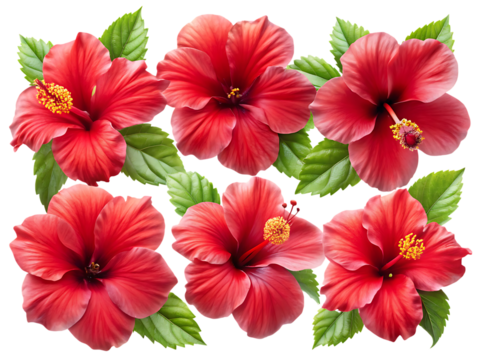 set of tropical red hibiscus flowers isolated on white or transparent background, cutout, PNG, generated AI