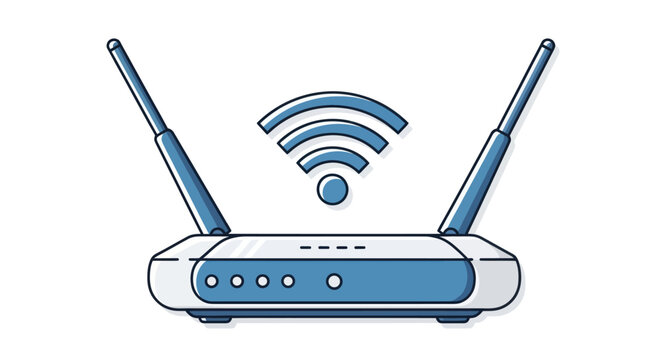Wi-Fi Router with Antennas and Wireless Signal Icon.