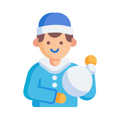 Cartoon boy holding snowball in light blue winter apparel