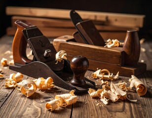 Two vintage woodworking planes on a rustic wooden workbench