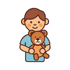 Boy hugging teddy bear isolated on black background illustration