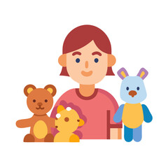 Stylized vector illustration of a child with plush toys