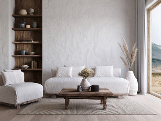 Wabi-sabi living room interior with sofa armchair , wooden shelf and stucco wall. 3d rendering