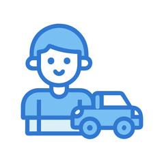 Smiling man with toy car cartoon on black background