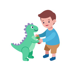 Cartoon boy with his dinosaur toy on black background