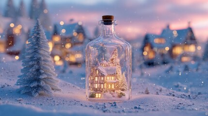 Winter Wonderland in a Bottle: A miniature winter scene encapsulated within a glass bottle, showcasing a cozy cabin bathed in warm light amidst a snowy landscape with other houses in the dreamy bokeh.