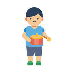 Boy plays drum vector flat illustration on black background