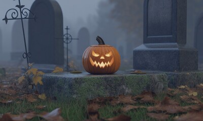 An illuminated jack-o'-lantern sits atop a mossy tombstone in a foggy, spooky graveyard