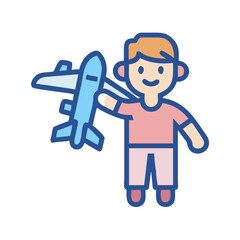 Boy with toy airplane on black background illustration
