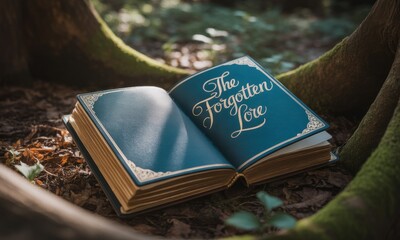 An open book d "The Forgotten Lore" rests on forest floor, illuminated by soft sunlight