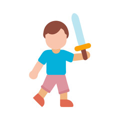 Boy holds sword high in playful imagination scenario