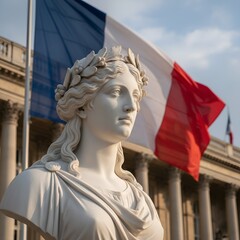 Obraz premium Marianne avec drapeau de France, Symbole de Patriotisme Français pour Fête Nationale du 14 juillet 