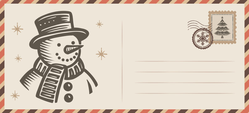 Vintage Christmas Letter featuring a hand-drawn Snowman with a hat and scarf, festive postage stamp, and snowflakes. A charming holiday mail postcard perfect for greetings, invitations