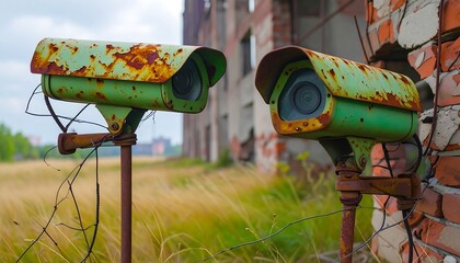 Two weathered surveillance cameras mounted on rusty poles in a field next to a crumbling brick wall