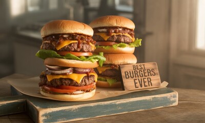 Appetizing stacked burgers with toppings, arranged on a wood serving board and a sign