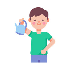 Boy holding watering can vector illustration on black background