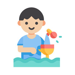 Cartoon person watering from river with a watering can