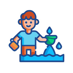 Boy playing with water fountain, flat design illustration style