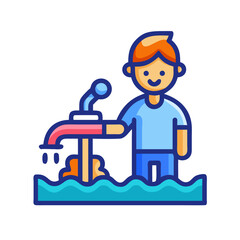 Icon depiction of waste of water with a young boy