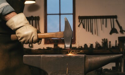 Blacksmith hammering metal on an anvil, sparks fly, tools hang on the workshop wall