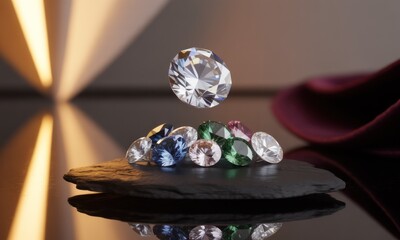 Brilliant cut gemstones, varied colors, hover above others on a slate plate, with soft lighting