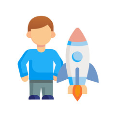 Cartoon man and rocket launch representing innovation and goals