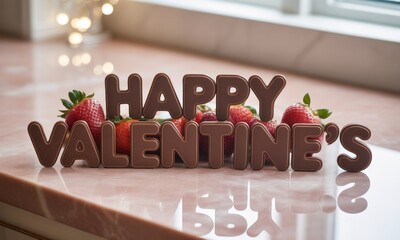 Chocolate lettering and strawberries on a pink surface, celebrating Valentine's Day with bokeh