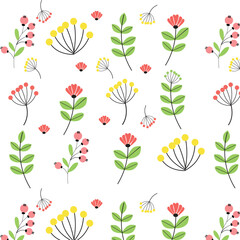 Seamless floral pattern with coral pink flowers, yellow and pink berries, and green leaves on a white background in Scandinavian style © anis criator