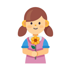 Flat illustration of girl holding sunflower on black background