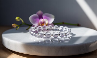 Clear quartz beaded bracelet rests near a vibrant orchid on a marble surface. Sunlight creates shadows