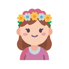 Flat vector cartoon girl with flower crown portrait