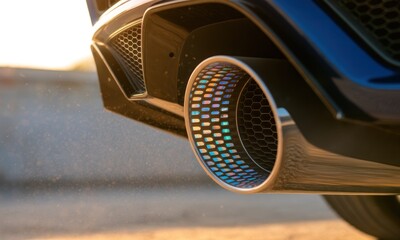 Close-up car exhaust pipe with iridescent, honeycomb pattern against a sunlit, dusty backdrop