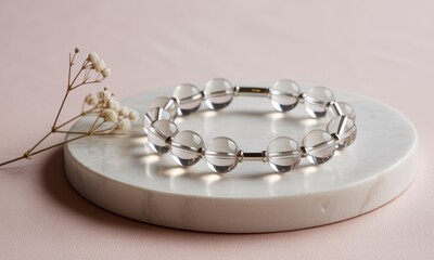 Clear beaded bracelet sits atop a marble circle, near a sprig of delicate white flowers