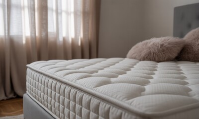 Close-up of a luxurious, cushioned mattress with pillows on a bed, soft lighting