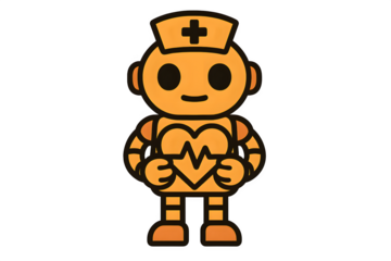 Orange cartoon nurse robot with heart monitor symbol on chest, futuristic medical AI healthcare assistant bot for hospitals and patient care