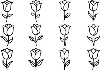 Set of Simple Rose Flower Line Art Icons  Minimalist Floral Outline Collection
