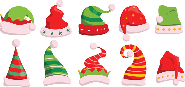 Christmas hats, Santa hats, elf hats, festive headwear, holiday costume accessories, red and green hats, winter celebration hats, cute cartoon hats, decorative holiday caps, Xmas party hats