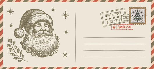 Vintage Christmas Letter with Santa, north pole postmark, and holiday stamp. Hand drawn festive envelope illustration for new year greetings, seasonal invitations