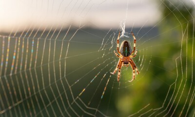 Close-up of a striped spider in a web, glistening strands against a blurred, sunny backdrop