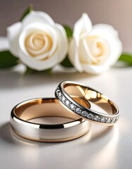 Two wedding rings, platinum and rose gold, set against a backdrop of two white roses.  Elegant and romantic