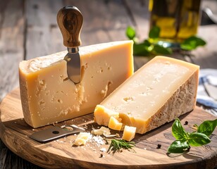 Two wedges of cheese on a wooden cutting board