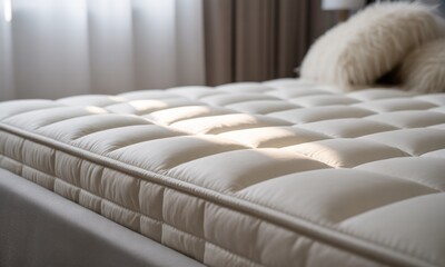 Close-up of a tufted white mattress topper, with a fluffy pillow and soft light